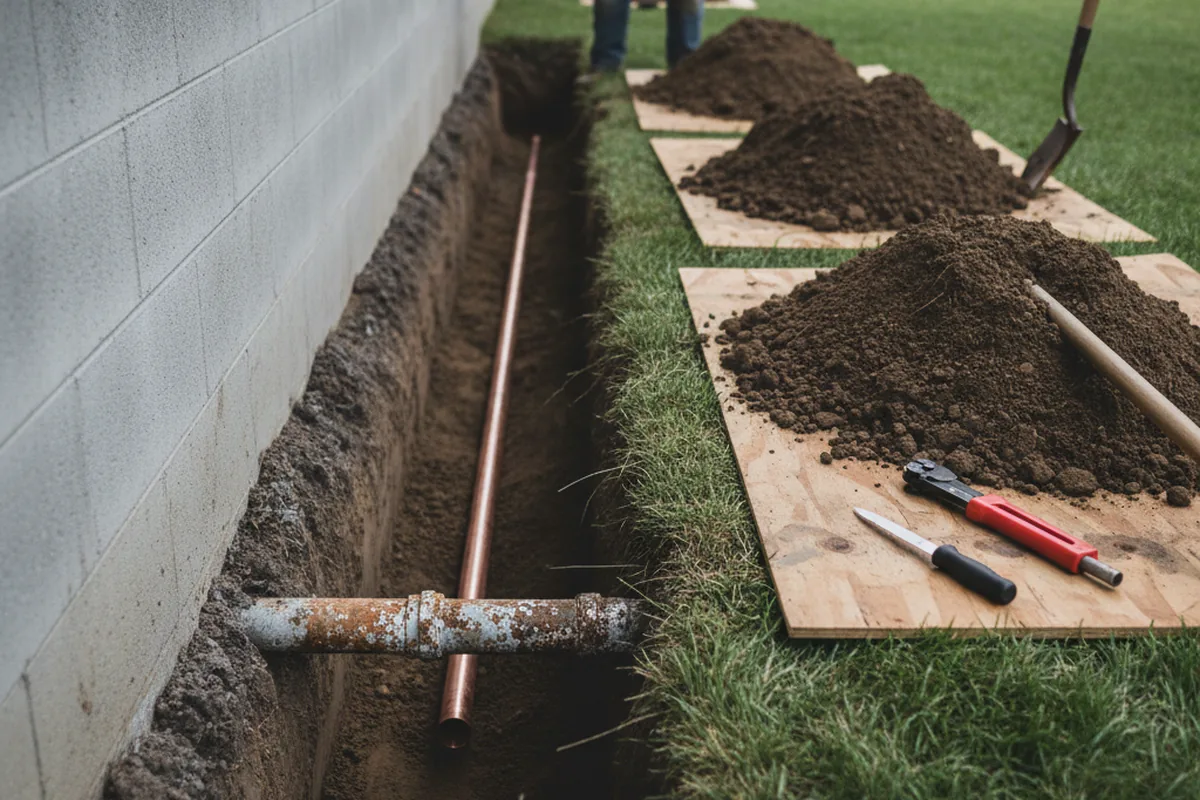 Excavated water line trench during Water Heater Repair in Brussels